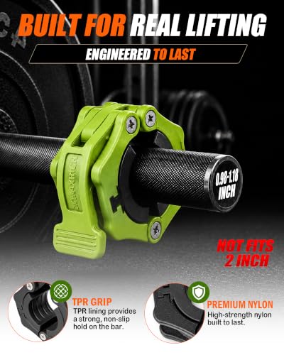 MAXRICH Ultra-Thin 1-Inch Barbell Clamps, Quick Release Weight Clips for 23–30mm Bars, Secure Barbell Collars for Home Gym - color: Green