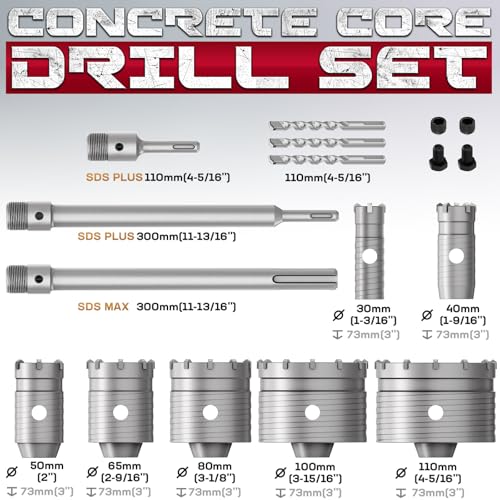 DAIMIT 20PCS Concrete Hole Saw Kits with 3 Drill Bits and SDS Plus & Max Shank, Hole Saw Tool Set for Concrete Cement Brick Stone Wall Drilling, Kit Size 30 40 50 65 80 100 110MM - size: 30 40 50 65 80 100 110MM