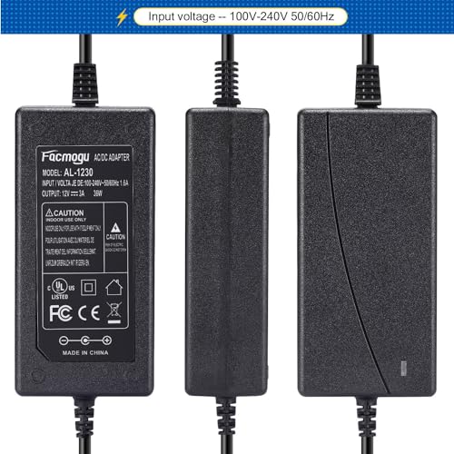 Facmogu DC 12V 3A Power Adapter, 100-240V AC to DC 12 Volt Power Supply - size: 12V 3A (2 Prong Plug)