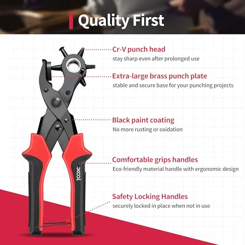 Revolving Punch Plier Kit, XOOL Leather Hole Punch Set for Belts, Watch Bands, Straps, Dog Collars, Saddles, Shoes, Fabric, DIY Home or Craft Projects, Heavy Duty Rotary Puncher, Multi Hole Sizes Make - style: Hole Puncher