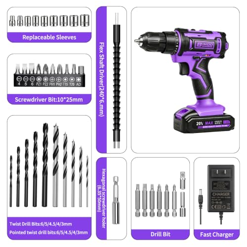 20V Cordless Drill with Battery and Charger, 3/8'' chuck, Purple - color: Purple