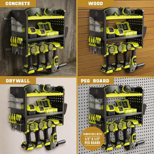 BUILTSTRONG Power Tool Organizer Wall Mount – 3-Tier Heavy-Duty Steel Rack, 4 Drill Slots, Pegboard + Utility Side, 100 lb Capacity – Garage, Workshop & Shed Storage (Green) - color: Green, size: 4 Drill Holder