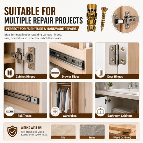 50pcs 6×14mm Short Expansion Screw Set for Cabinet Hinge Repair & Stripped Thread Restoration,Wall Anchors with Screws, Fits 6mm Holes in Tile, Stone, Wood