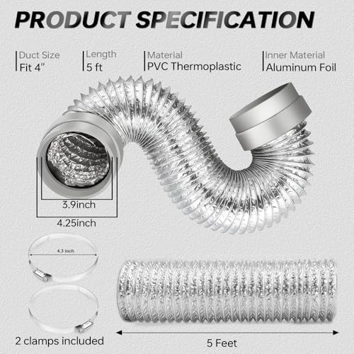 MATEWORK 5FT Dryer Vent Hose 4 Inch, Heavy Duty Aluminum with Rubber Seals - color: Silver, size: 4 inch 5 Feet