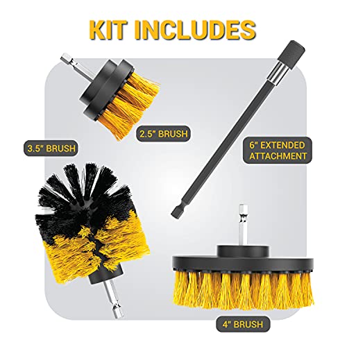 SCRUBIT Drill Brush Attachment Set - Power Scrubber Tile and Grout Tool - Use for Kitchen, Shower, Bathtub and Floor Surface - All Purpose Household Cleaning Kit Includes 3 Brushes with A Bit Extender