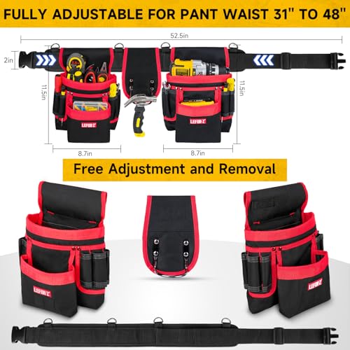 Tool Belt with 4 D-Rings,27-Pockets Tool Belts for Men,Construction - color: Red & Black, size: 27 Pockets with Magnet Pouch