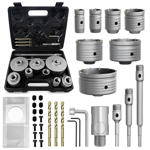 34PCS Concrete Hole Saw Kit,30/40/50/65/80/100/110mm Masonry Hole Saw, with SDS Plus Shank Drill Bit Sets, Masonry Hole Saw Tool Set for Concrete,Brick,Cement,Stone,Wall Drilling. - size: (1-3/16" to 4-5/16")-34PCS