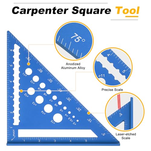 HARFINGTON Metal Square Ruler 7" Aluminum Alloy Carpenter Square Imperial Woodworking Rafter Square Precision Scribing Tools with Rafter Conversion Table for Measuring and Marking, Blue - color: Blue, style: Imperial