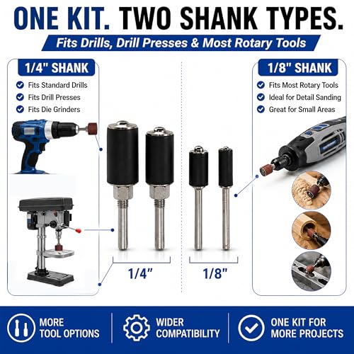 16 Pcs Sanding Drum Kit, 1/4" & 1/8" Shank Rubber Mandrels with 80/120/240 Grit Aluminum Oxide Sleeves, Rotary Tool Drill Sanding Attachment for Wood, Metal, Curves and Detail Work