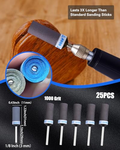 1000 Grit Sanding Drums for Dremel Rotary Tools Accessories, 25PCS Sanding Bits Kit for Dremel Sanding Bands with 1/8 inch Shank, Sandpaper Sticks Set for Plastic Wood Metal Grinding Polishing - style: 1000 Grit 25PCS