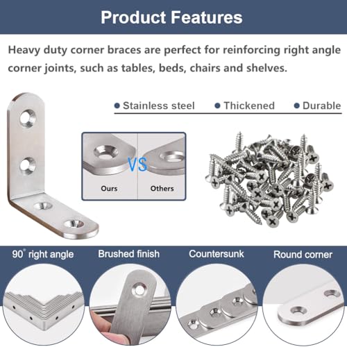 8 Pcs L Bracket 2 Inch Stainless Steel Corner Braces, 50x50mm Heavy Duty Shelf Bracket for Wood, Shelves, 90 Degree Support Joint Right Angle Brackets - size: 8PCS-Silver 50*50mm/2*2in