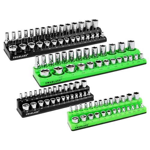 SWANLAKE 4-Piece Magnetic Socket Organizer Set, Metric & SAE Socket Holder Set Includes 1/4", 3/8" Drive Sockets Trays, Magnetic Sockets Organizer for Tool Box Drawer - style: 4PCS Green/Black