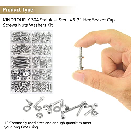 252 Pieces #6-32 x 3/16", 1/4", 5/16", 3/8", 1/2", 5/8", 3/4", 1", Hex Socket Head Cap Screws Nuts Washers Assortment Kit, 304 Stainless Steel, Fully Machine Thread - size: #6-32, style: Socket Head