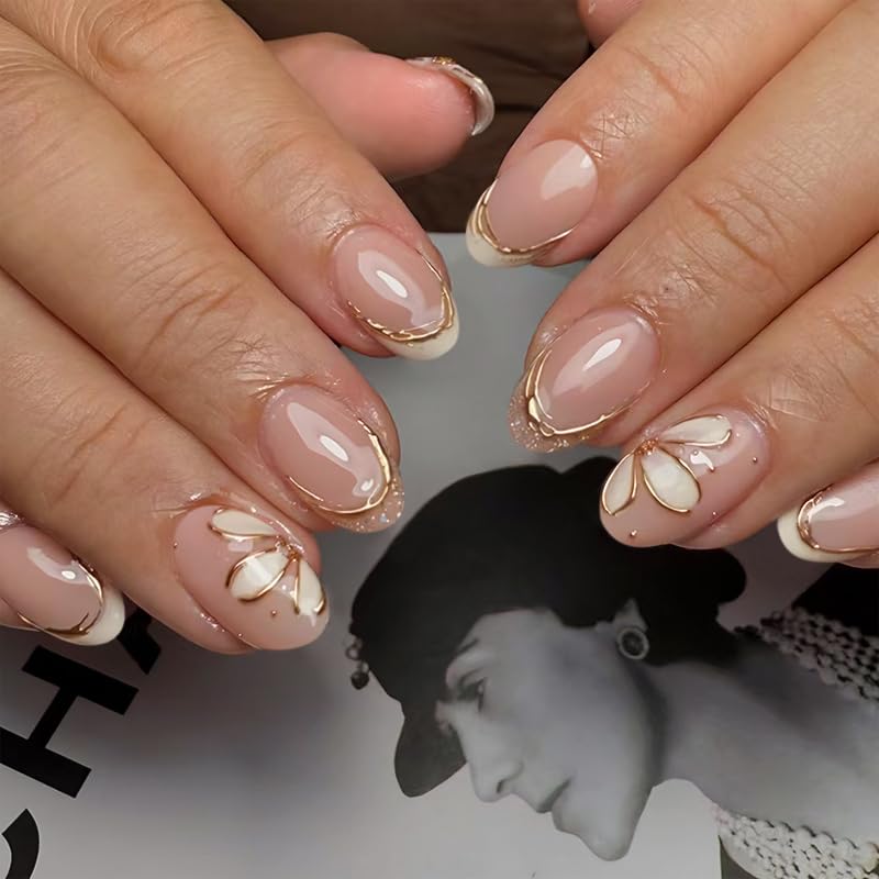3D Gold Line French Tips Press On Nails Oval Short, White Flower French Tip Designer Reusable Acrylic Nails Press Ons, Fake Nails With Glue On Nail, Daily Wear Floral False Nails For Women - color: Q-1889, size: 24 Pieces (Pack of 1)