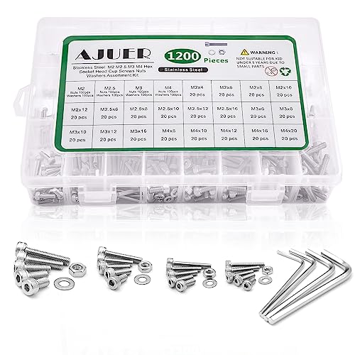 1200pcs M2/M2.5/M3/M4 hex Socket Head Cap Screws Bolts Nuts Washers Assortment Kit, 304 Stainless Steel Metric Screw Set, Small Bolts and Nuts Kit - size: sllver 1200pcs hex socket haed cup screw