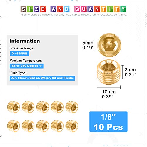 Glarks 10Pcs Brass 1/8'' NPT Male Pipe Plug Fitting Set Internal Hex Thread Socket Pipe Plug Kit - size: 1/8''NPT