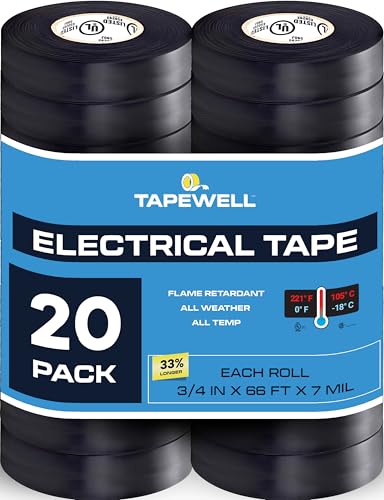 TAPEWELL Black Electric Tape, Professional Grade 3/4 inch x 66ft, PVC Electrical Insulating Tape for All Weather, U/L Approved, Waterproof, Home Improvement Electrical Equipment, Pack of 20 - size: Pack of 20