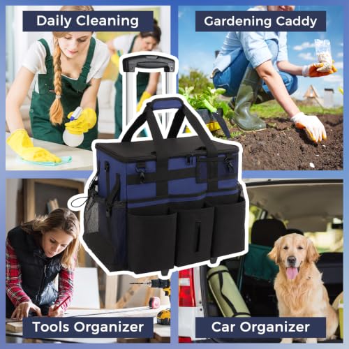 SCAVATA Rolling Cleaning Caddy Bag with Detachable Trolley, Large Cleaning Supplies Organizer with Wheels, Multi-Pocket Cleaning Cart with Adjustable Shoulder Strap for Housekeepers (NavyBlue) - color: NavyBlue