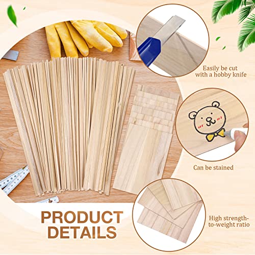 240 Pieces Balsa Wood Sticks Hardwood Square Wooden Craft Dowel Rods Unfinished Balsa Wood Sheets 12 Inch Thin Wooden Strips 1/4 Inch 1/8 Inch for DIY Molding Crafts Projects Making