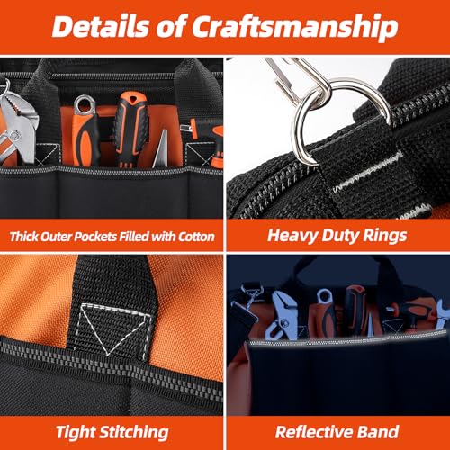 Tool Bag 14'', Thick Outer Pocket Tool Organizer Waterproof, Heavy Duty Tote with Shoulder Strap for Tool Storage, Black & Orange - size: 14 inch