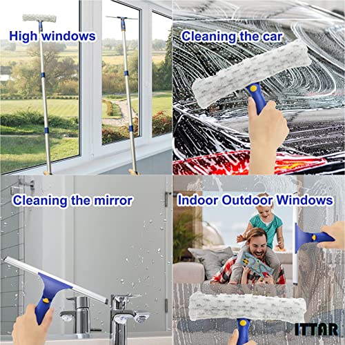 ITTAR Window Squeegee with 2 Sets Separate Pole, 12" Rubber Squeegee and 11" Microfiber Pads, 60"-73.6" Telescopic Window Cleaning Kit with Rotating Head for High Windows, Shower Glass, Car Windshield - color: White&blue