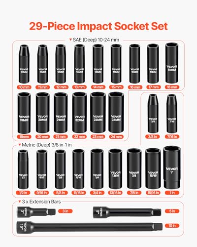 VEVOR 1/2" Drive Impact Socket Set, 29-Piece Deep Sockets - size: 1/2" 29PCS Deep