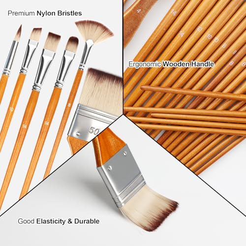 Halobios 25pcs Paint Brush Set, Professional Paint Brushes with Canvas Roll and Palette Knife, Acrylic Paintbrush Kit for Artist,Watercolor,Oil,Gouache