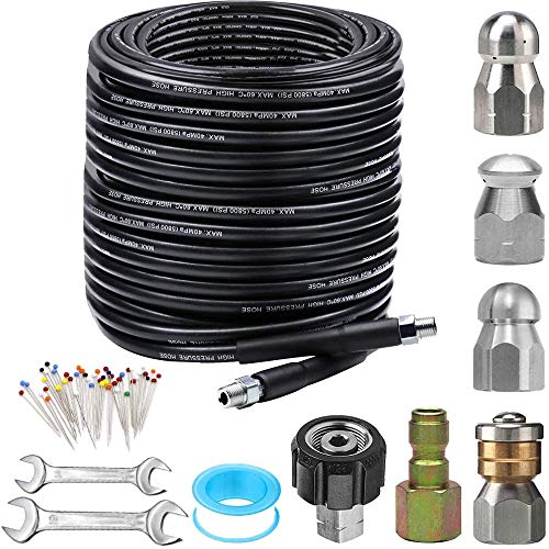 Sewer Jetter Kit for Pressure Washer 150FT, 5800PSI Drain Cleaner Hose 1/4 Inch NPT Corner, Rotating and Button Nose Sewer Jetting Nozzle Pearl Corsage Pin Waterproof Tape with 2 Spanner - color: 150FT