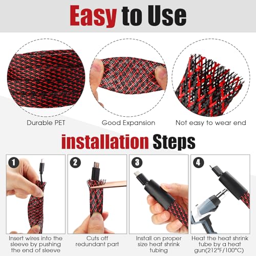 Tatuo 65.6 ft Braided Cable Sleeve Expandable Wire Sheathing(Red, Black) - color: Red, Black, size: 65.6 ft