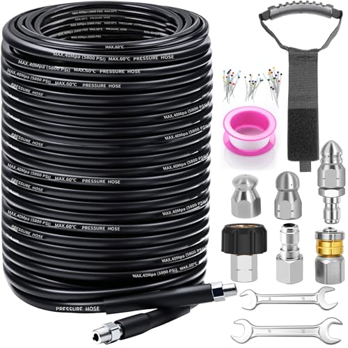 200FT Sewer Jetter Kit for Pressure Washer, 5800PSI Drain Cleaner Hose - color: Black -200FT hose