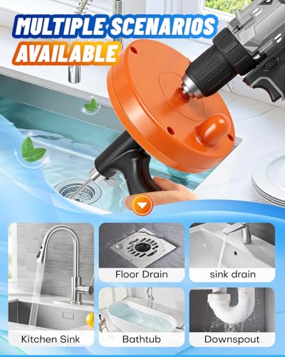 Drain Auger, 25FT Drain Snake with Drill Adapter, Flexible Plumbing Snake Clog Removal Tool with Gloves & Cloth Bag, Use Manually or Powered for Kitchen Bathroom Shower Sink - color: Orange 3