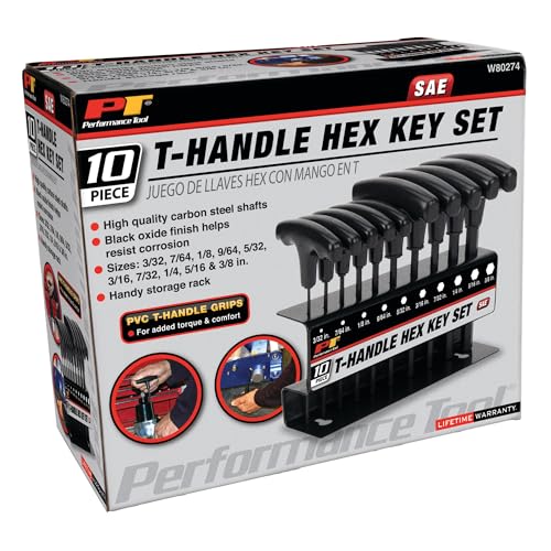 Performance Tool W80274 10-Piece SAE T-Handle Allen Wrench Set, Long Arm Hex Key Wrench Set - size: 10 Pieces, style: 10pc SAE T-Handle Hex Key Set