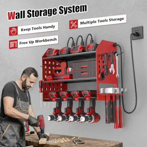SUNALLY Power Tool Organizer Wall Mount with Charging Station,3 Layer, Red - style: 4 Drill Holders F