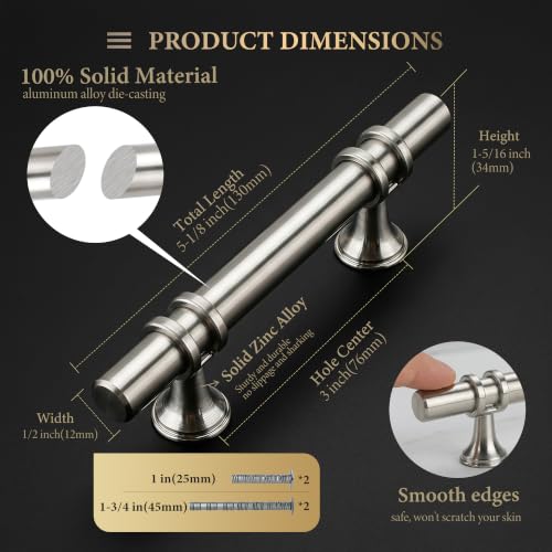 Haliwu 10 Pack Brushed Nickel Cabinet Pulls, Cabinet Handles Brushed Nickel, Kitchen Hardware Handles Satin Barrel Drawer Dresser Knobs, 3 inch Hole to Hole Center | 76mm Hole Center, Solid Aluminum and Zinc Alloy, Kitchen Pulls Hardware for Bathroom Draw