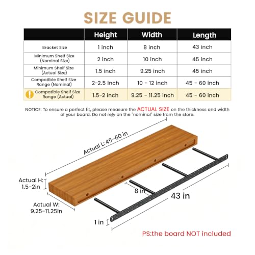 2pcs Floating Shelf Bracket Heavy Duty,Decorative Floating Shelf Hardware Hidden Black Metal Fireplace Mantel Brackets Without Jig (43"X8"X1.0" Without Tools) - size: 43"X8"X1.0"