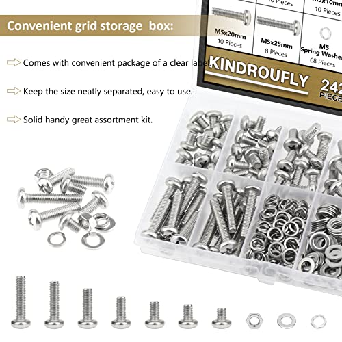 242 Pieces M5 x 6/8 /10/12 /16/20 /25mm Phillips Pan Head Machine Screws Nuts Washers Assortment Kit, 304 Stainless Steel, Fully Machine Thread - size: M5