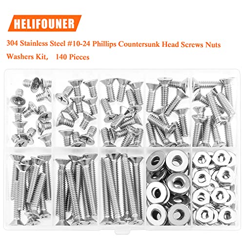 HELIFOUNER 140 Pieces #10-24 Phillips Countersunk Head Machine Screws Nuts Washers Assortment Kit, Coarse Thread, Fully Machine Threaded, 304 Stainless Steel - size: #10-24