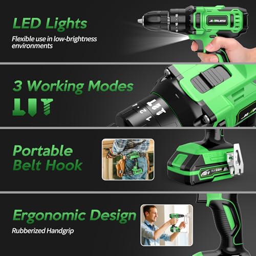 20V Cordless Drill, Electric Power Drill Set with Battery Charger and Carrying Case, 3/8” Keyless Chuck, 2 Variable Speed, 18+3 Torque, 72pcs Driver Bits and Belt Hook, Green