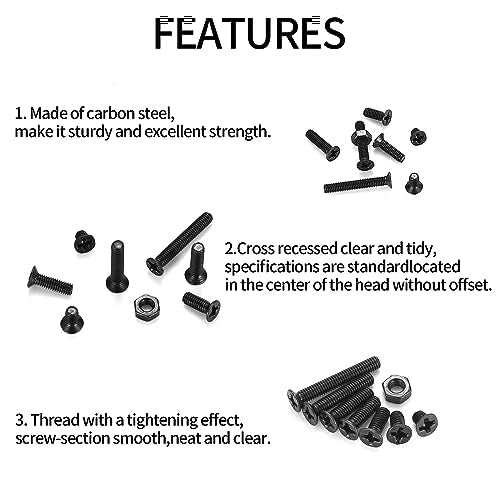 M3 Flat Head Machine Screws and Hex Nuts Kit, 380 Pcs Black Countersunk Head Phillips Screws Bolts Nuts Assortment Kit - M3 x 4mm/ 6mm/ 8mm/ 10mm/ 12mm/ 16mm/ 20mm - size: M3