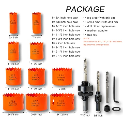 Hole Saw Kit for Wood Metal Plastic, Bi-Metal Cutter Set, 10PCS - color: Orange