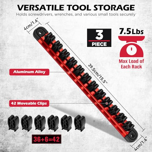3-Piece Magnetic Screwdriver Organizer and Wrench Organizer, 42-Slot Screwdriver and Wrench Holder, Magnetic Aluminum Rail Tool Organizer for Tool Box Drawer Wall-Mount Storage,Red(Tools not Included) - style: 3-Pack Red (42-Slot) Pro Set