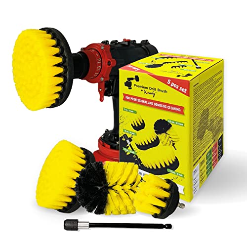 Premium Drill Brush Professional – Medium-Soft 5-Piece Kit (5/4 / 3.5/2 in Brushes + 6 in Extension) | Scratch-Free Cleaning Brush for Tile, Grout, Bath, Shower, Fibreglass, Ceramic - color: Yellow
