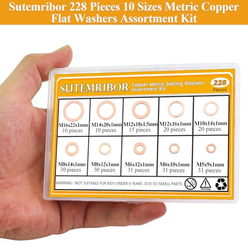 228 Pieces 10 Sizes Copper Washers Kit - Metric Flat and Sealing Metal Washers (M5 M6 M8 M10 M12 M14 M16) - color: Copper
