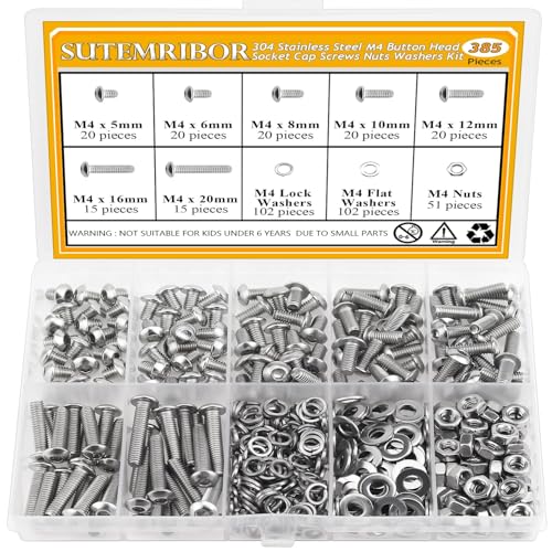 385 Pieces M4 Screws Nuts Washers Set, Sutemribor M4 x 5/6/8/10/12/16/20mm Button Head Socket Cap Screws Nuts Washers Assortment Kit, 304 Stainless Steel, Fully Threaded - size: M4, style: Button Head Socket Cap