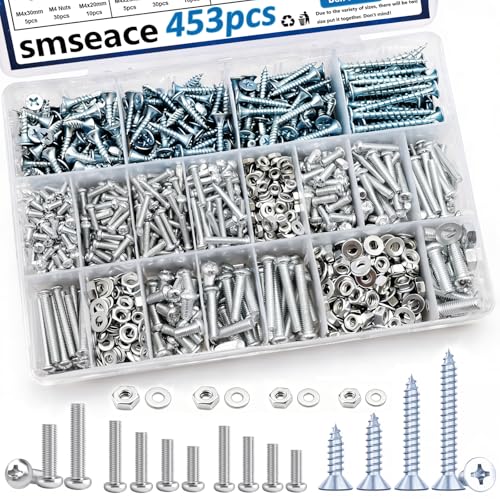 smseace 453Pcs Wood Screws with Nuts and Bolts Assortment Kit 21-Sizes M3/M4/M5/M6 Nut Bolt Washer Assortment Kit 6 Sizes Drywall Screws for Machinery, Furniture, Automotive, Motorcycle Repairs