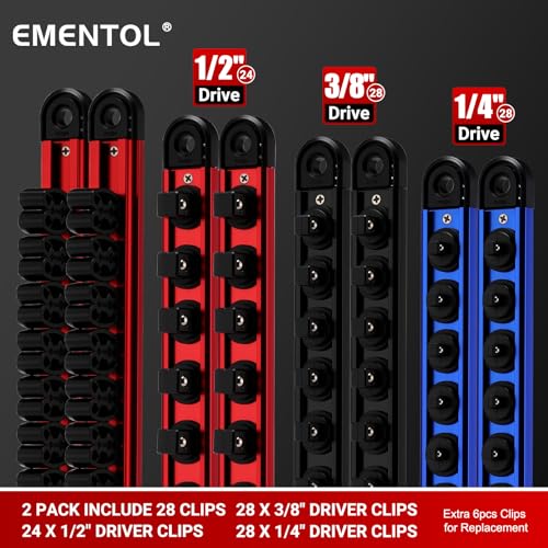 EMENTOL 8-Piece Magnetic Socket Organizer and Screwdriver Organizer Set, 6-Piece Detachable Trays for 1/4", 3/8", 1/2" Sockets & 2-Piece Screwdriver and Wrench Holder, Aluminum Alloy Storage for Tools - size: 8-Piece Set