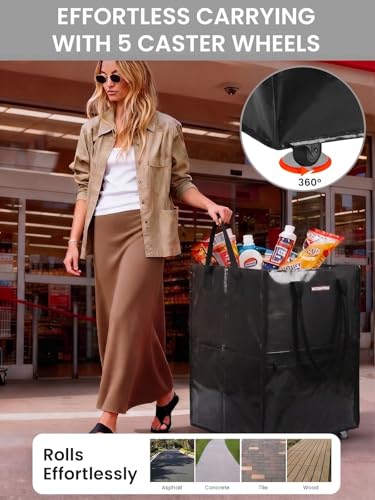 WORKPRO Large Rolling Grocery Bag, 36-Gallon Rolling Tote with 5 Wheels - color: Black, size: Large