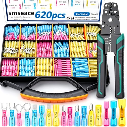 smseace 620Pcs Heat Shrink Wire Connectors Kit with Crimping Tool,Waterproof Electrical Crimp Ring Fork Spade Bullet Butt Splice Terminal for Automotive Boat Stereo Industrial Equipment - size: 620Pcs