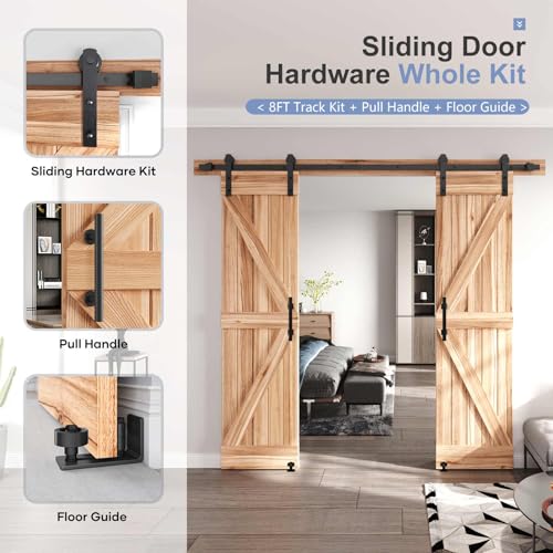 EaseLife 8 FT Double Sliding Barn Door Track and Handle Hardware Kit,Straight Pulley,Slide Smoothly Quietly,Easy Install (8FT Track Kit for 20"~24" Wide Double Door) - size: 8 FT-Double Door Kit