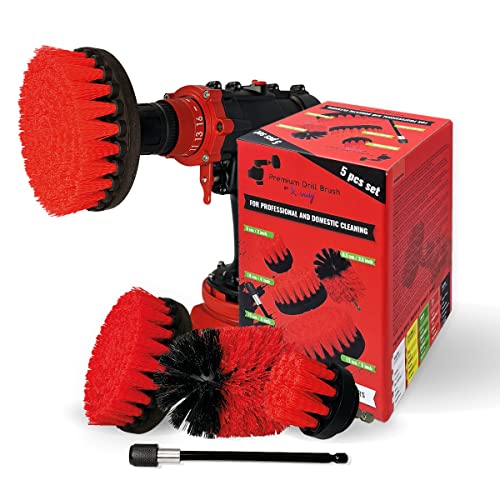 Premium Drill Brush Professional – Stiff 5-Piece Set (5/4/3.5/2 in Brushes + 6 in Extension) | Scratch-Free Heavy-Duty Outdoor Cleaning for Patio, Decking, Garden Tools and Stone Surfaces - color: Red